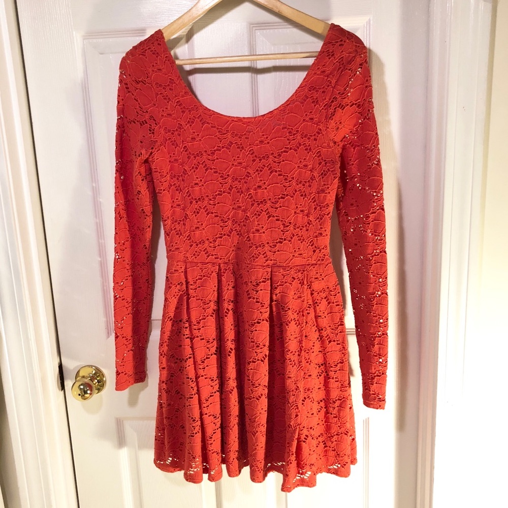 Free People Orange Lace Long-Sleeve Mini Dress